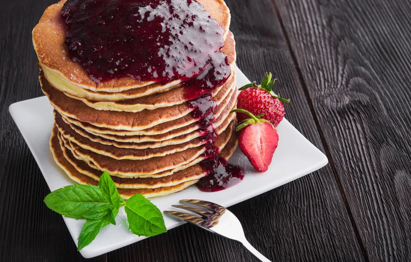 Фото обои ягоды, клубника, блины, выпечка, джем, pancakes