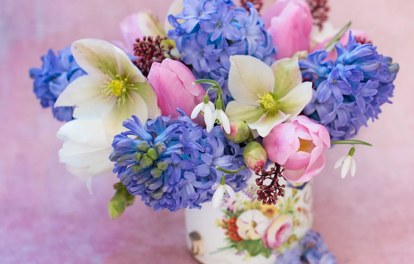 Фото обои фон, букет, подснежники, тюльпаны, гиацинты, морозник