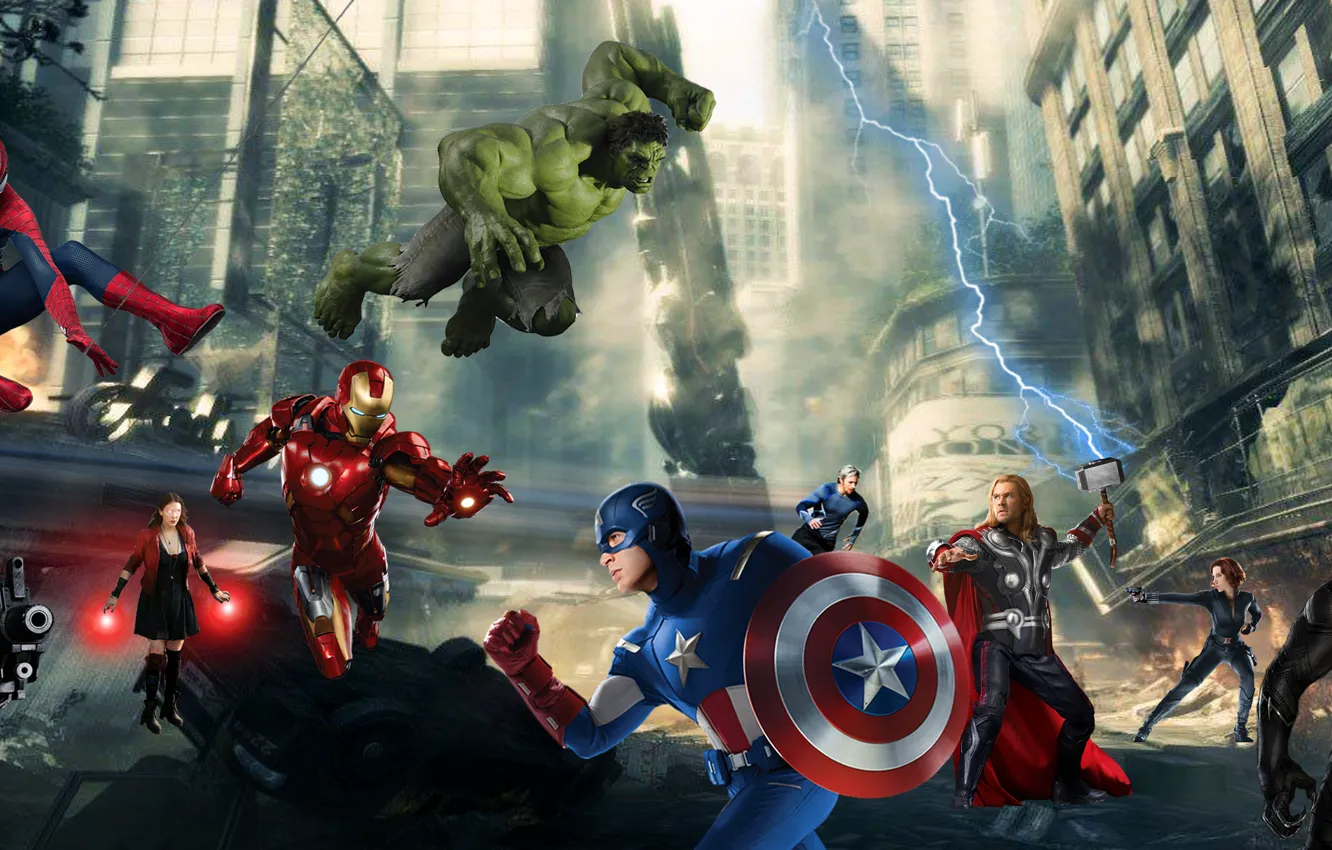 Фото обои thor, hulk, spider man, iron man, captain america:civil war