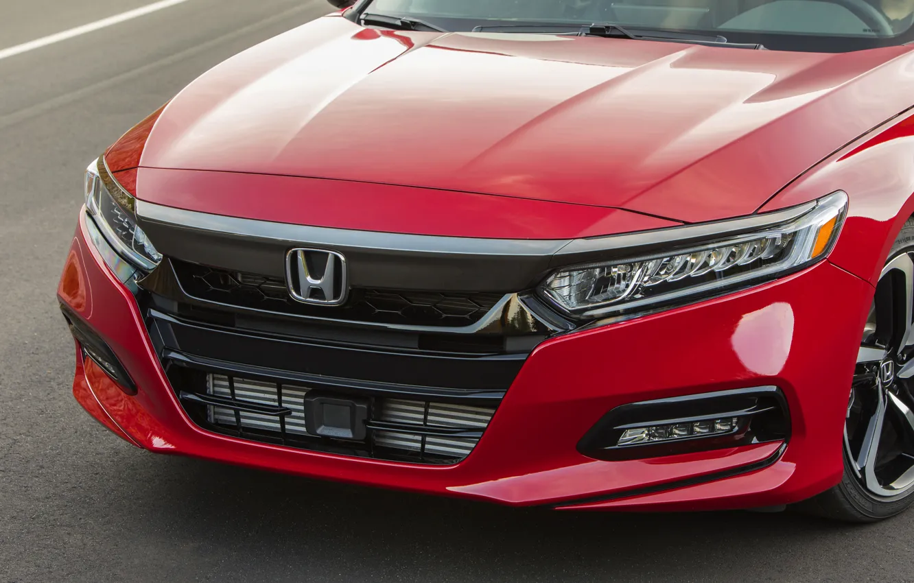 Фото обои красный, Honda, Accord, седан, 2018, передняя часть, четырёхдверный, 2.0T Sport