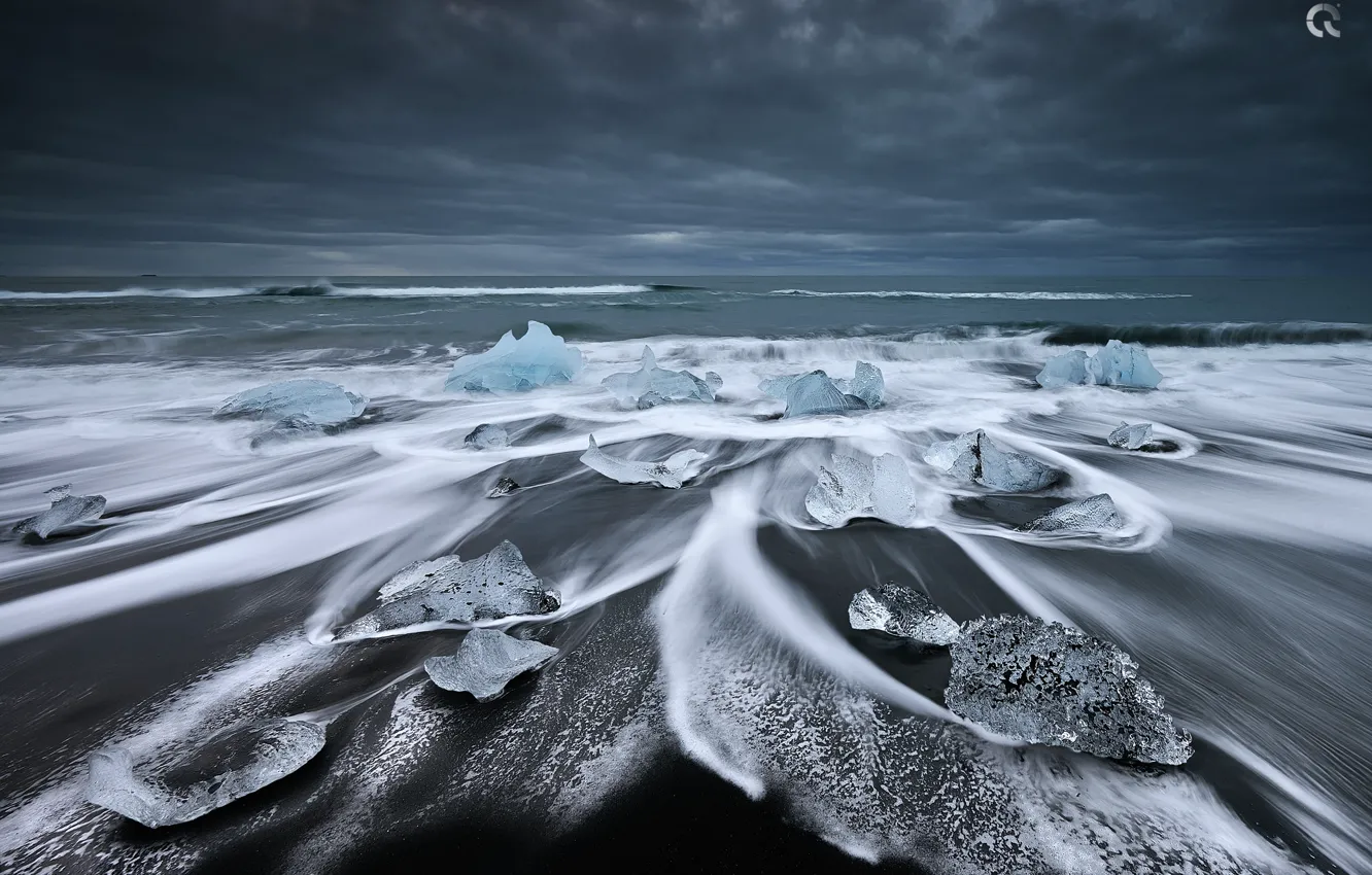 Фото обои пляж, озеро, океан, лёд, Исландия, Ёкюльсаурлоун, ледниковая лагуна