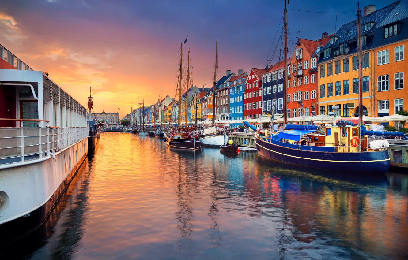 Фото обои лодка, корабль, дома, Дания, канал, Копенгаген