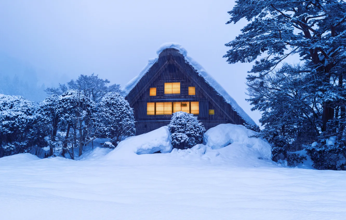 Фото обои зима, снег, деревья, house, хижина, trees, landscape, winter