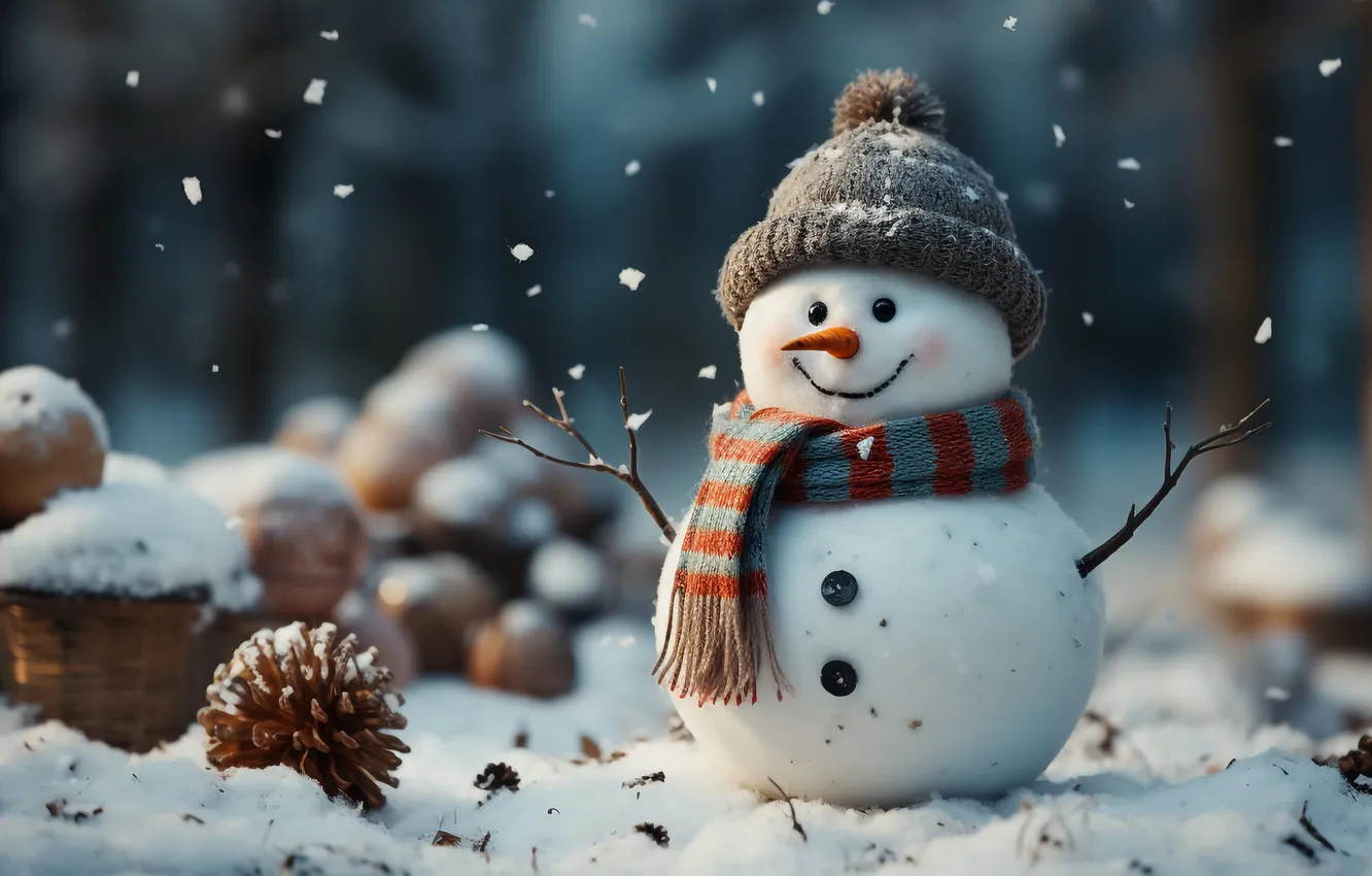 Фото обои зима, снег, Рождество, Новый год, снеговик, Christmas, winter, snow