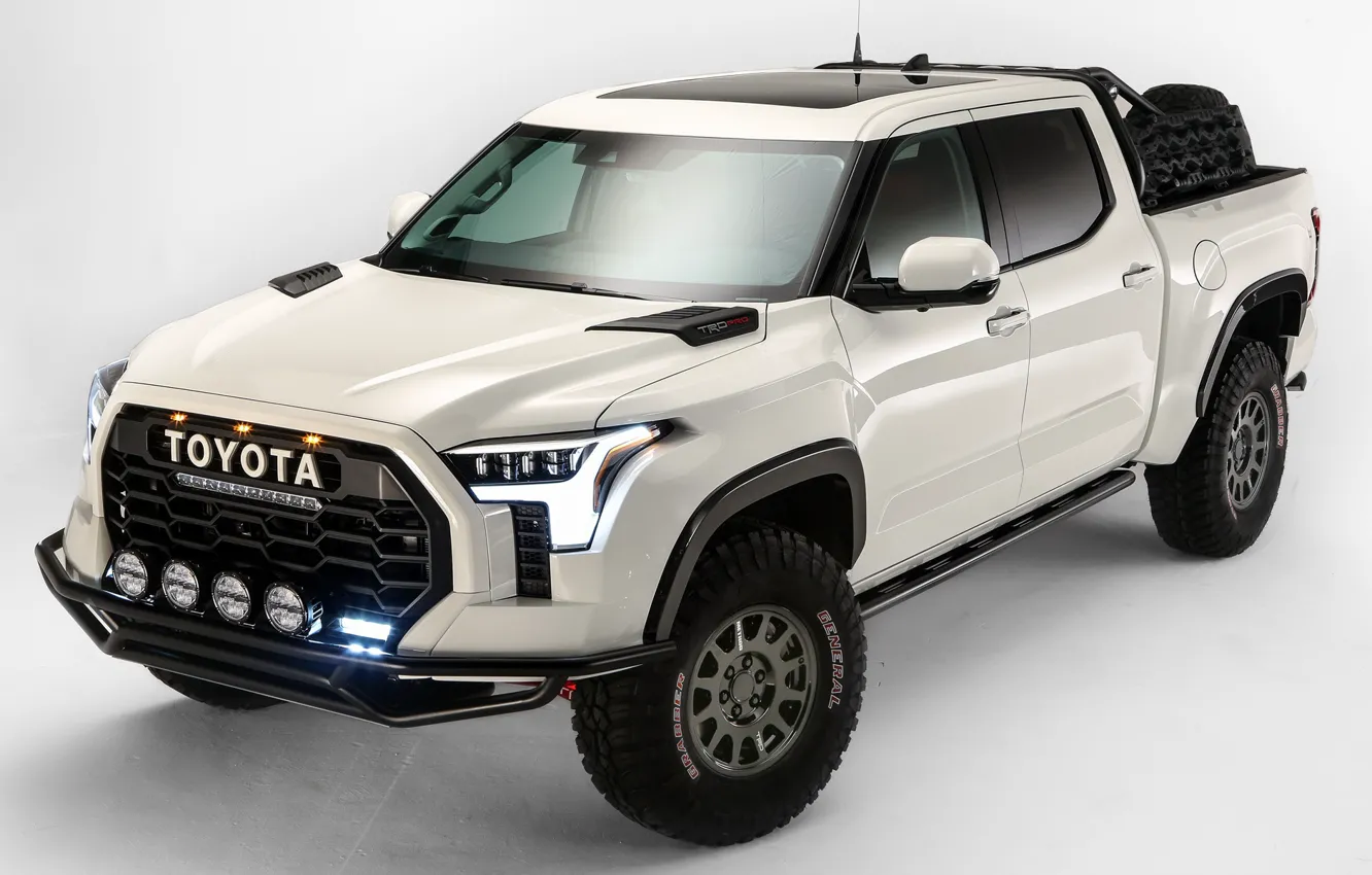 Фото обои внедорожник, Toyota, светлый фон, пикап, TRD, Tundra, 2021, Desert Chase Concept