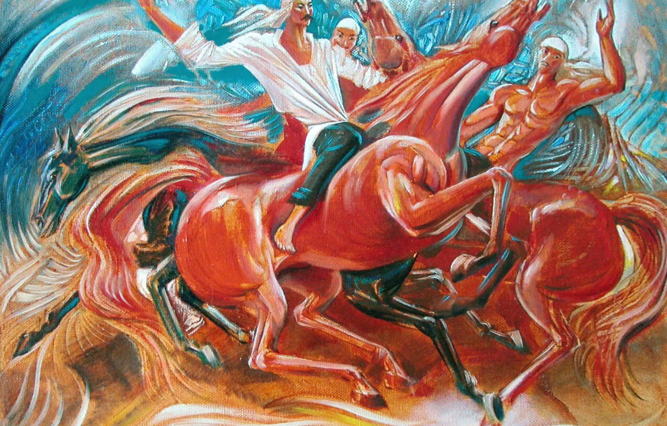 Фото обои лошади, Айбек Бегалин, 2006г, казахстанская живопись, Джигиты