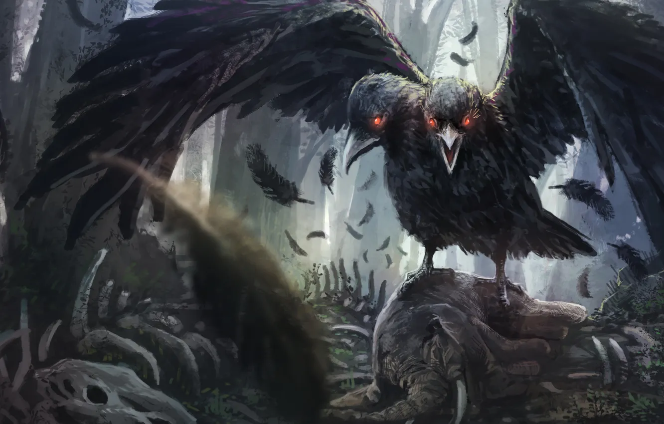 Фото обои фантастика, крылья, перья, арт, ворон, две головы