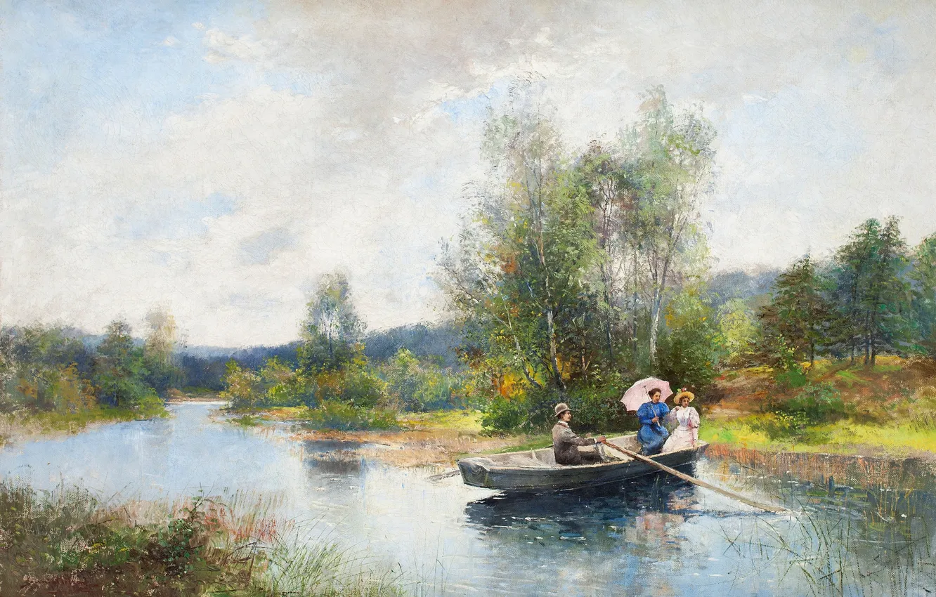 Фото обои пейзаж, река, зонтик, девушки, лодка, Severin Nilson, Roddtur i grönskande landskap