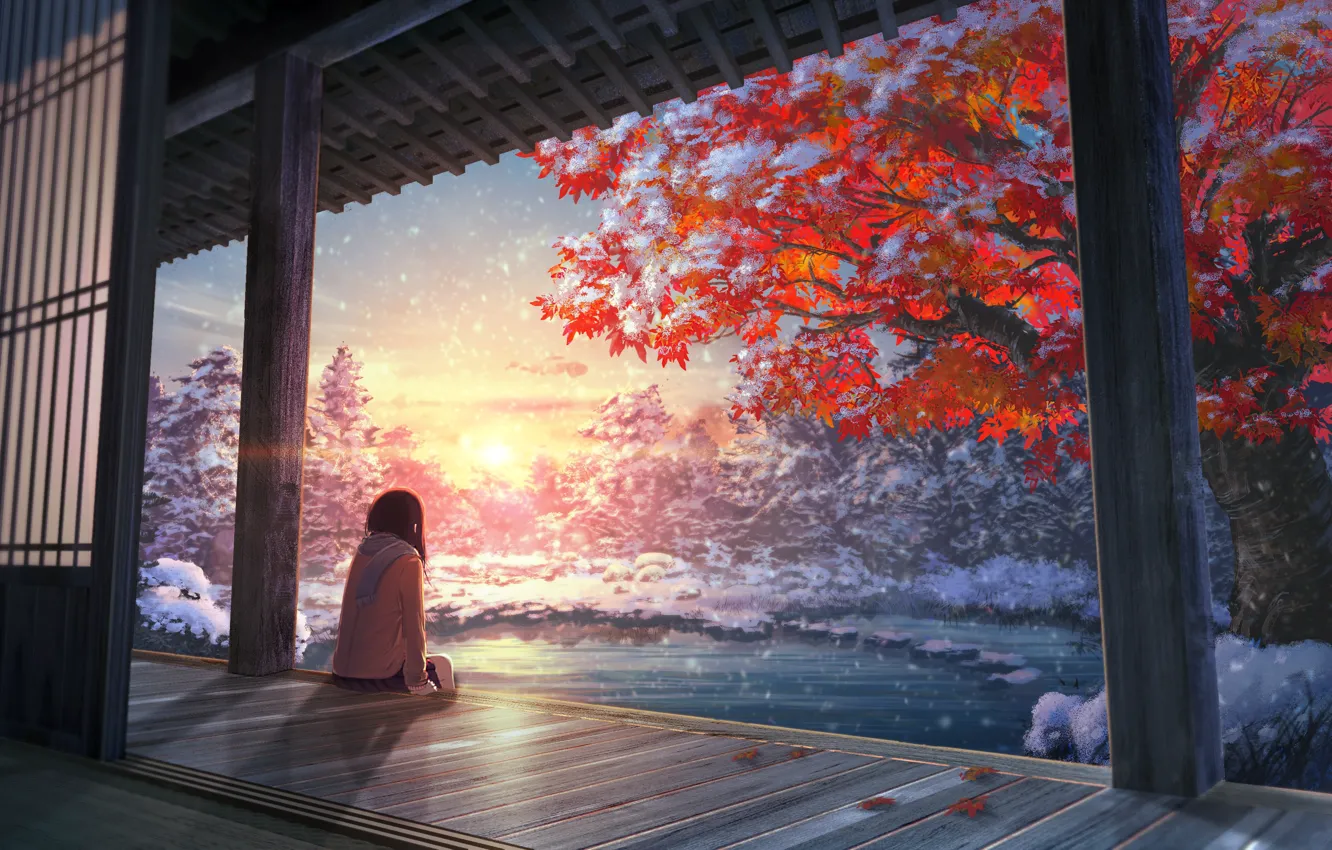Фото обои осень, девушка, дерево, аниме, арт