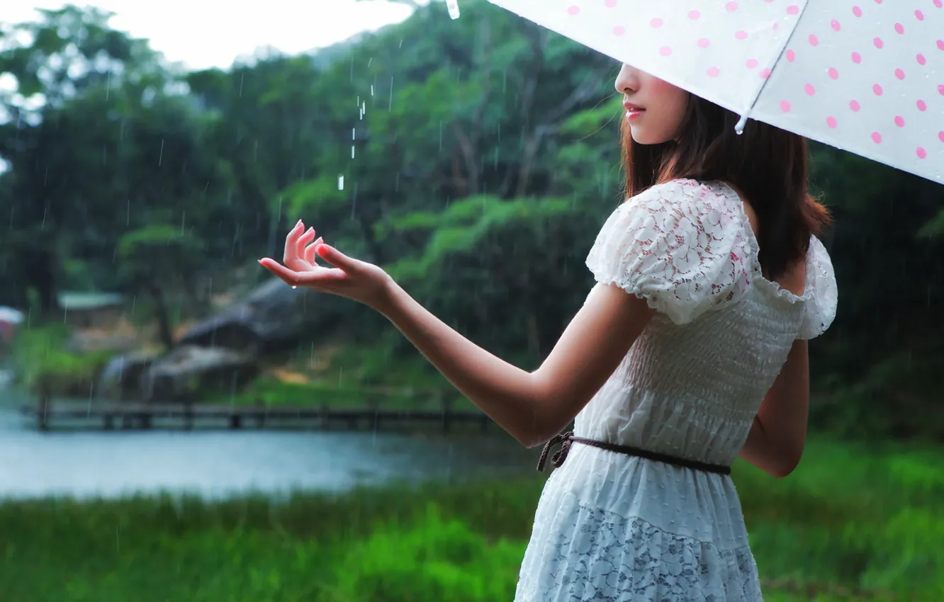 Фото обои девушка, дождь, зонт