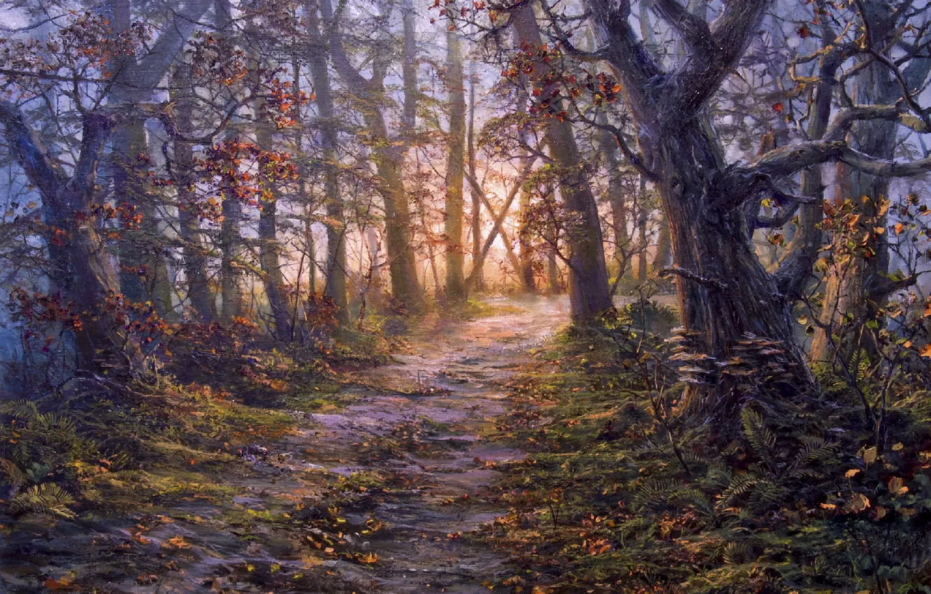 Фото обои осень, лес, деревья, рисунок, тропа, картина, арт, живопись