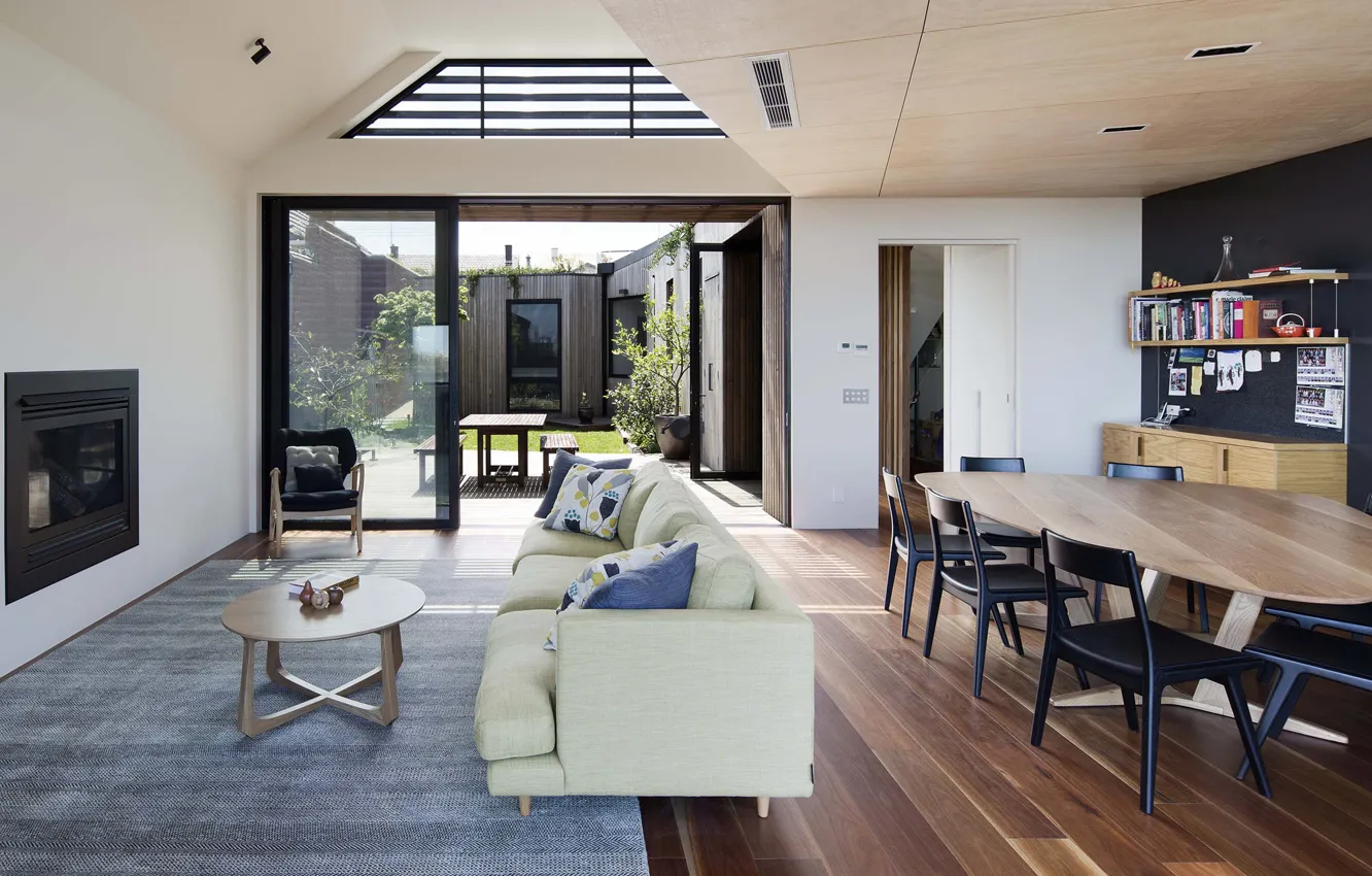 Фото обои интерьер, камин, терраса, гостиная, столовая, by Gardiner Architects, Melbourne house