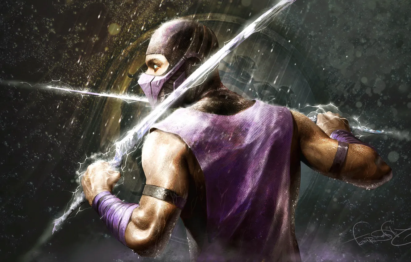 Фото обои оружие, дождь, молнии, меч, воин, rain, Mortal Kombat, fan art