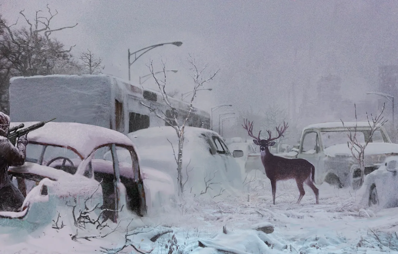 Фото обои снег, человек, олень, шоссе, винтовка, постапокалипсис