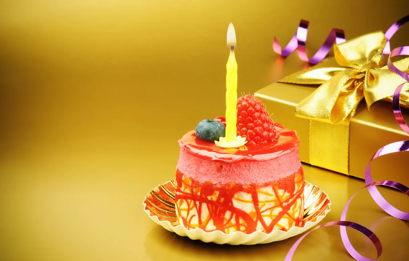 Фото обои подарок, свеча, торт, бант, happy birthday, с днем рождения