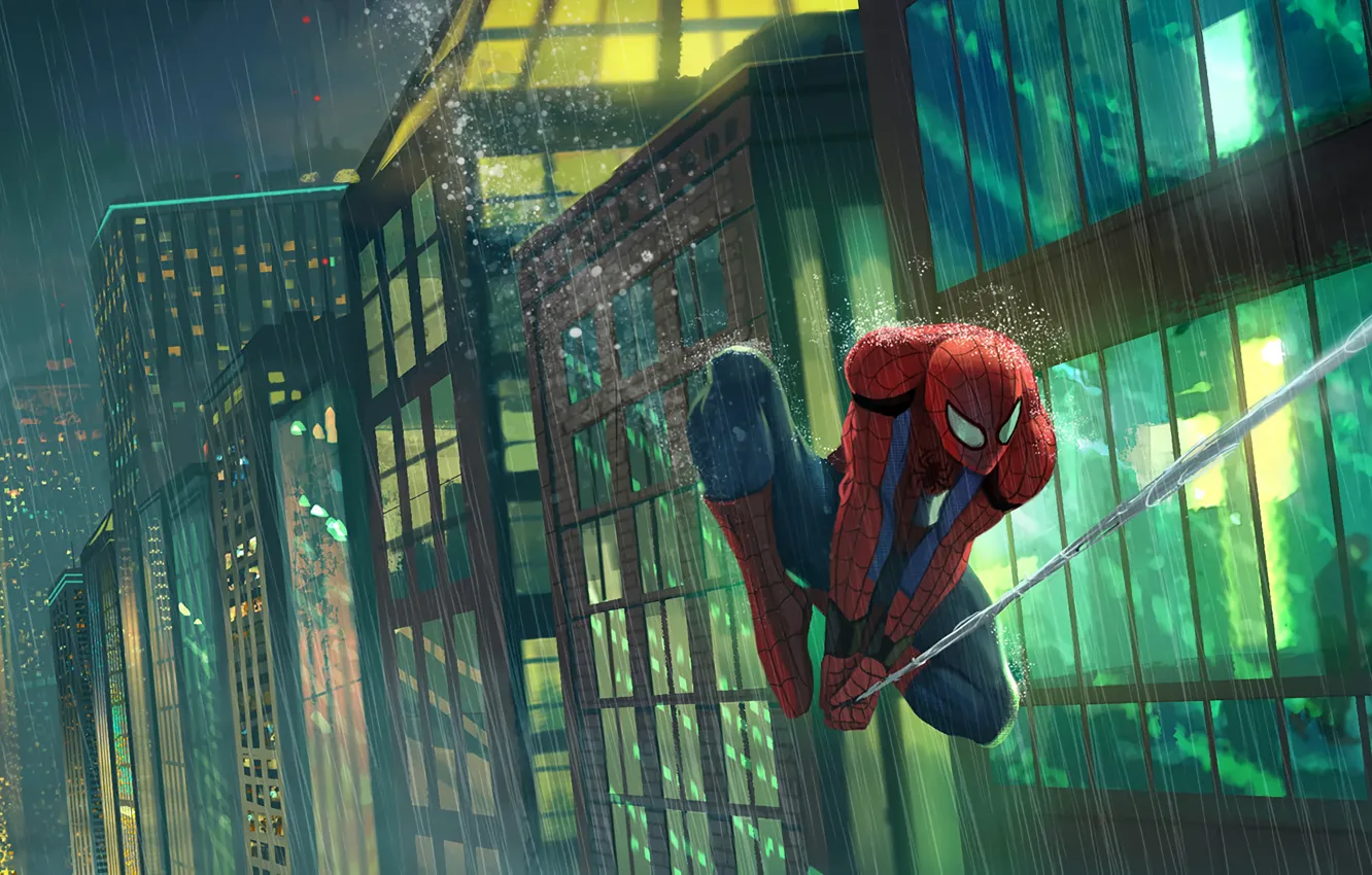 Фото обои City, Art, New York, Rain, Peter Parker, Spider Man