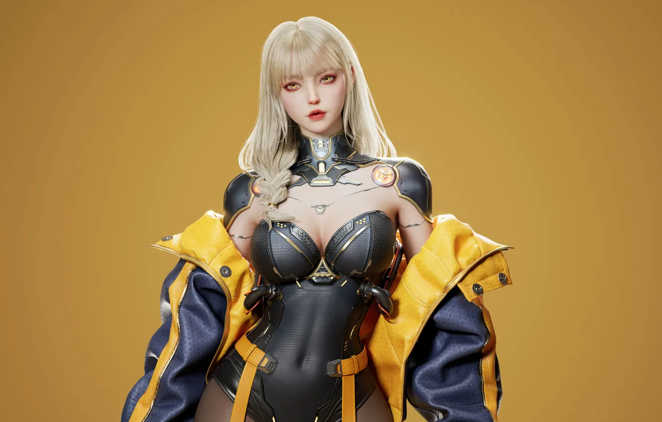 Фото обои cleavage, Asian, long hair, cyberpunk, women, blonde, standing, CGI