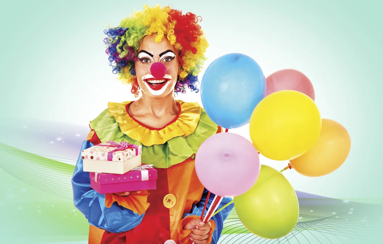 Фото обои клоун, Яркий, смешной, шарами, костюме