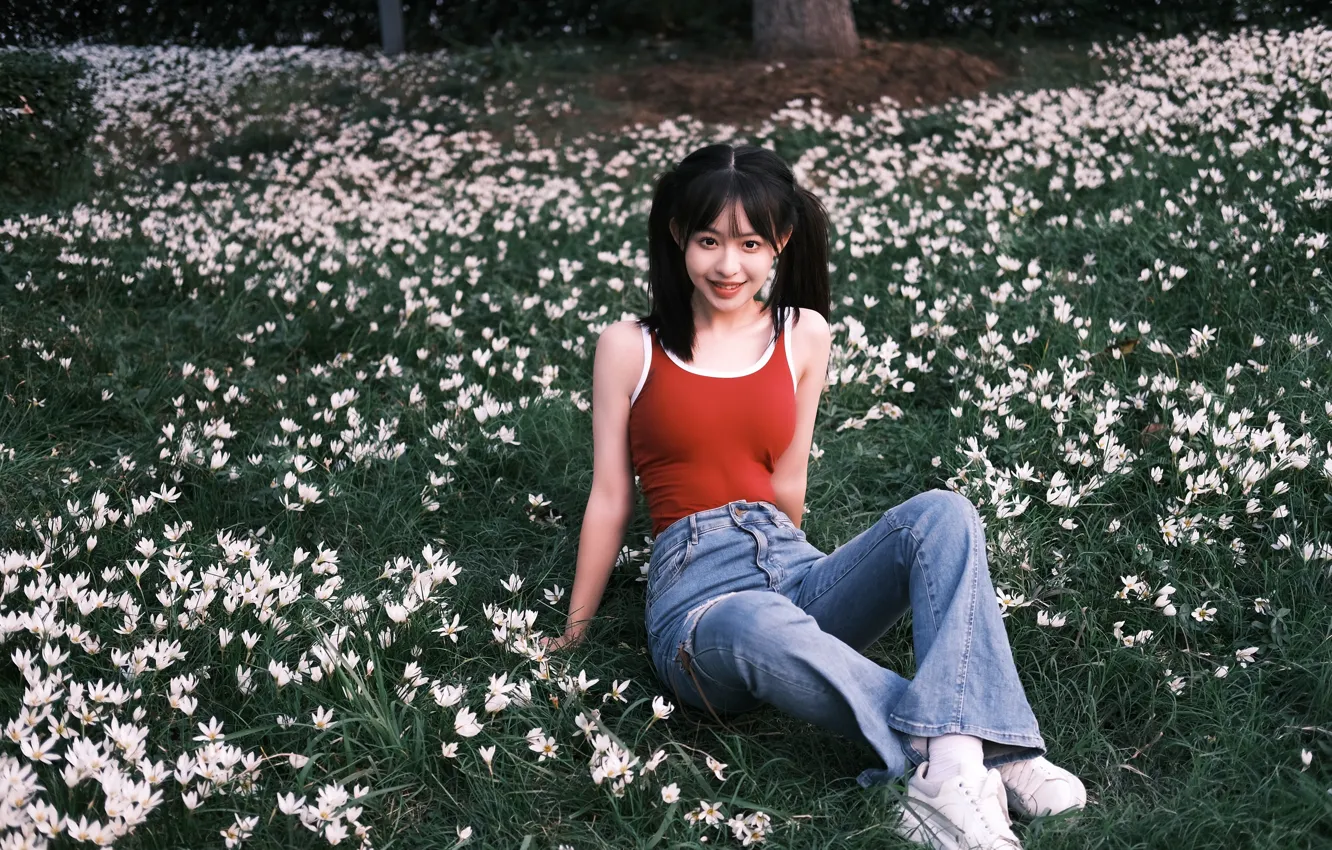 Фото обои Grass, Beautiful, Asian, Model, Flowers, Smile, Lily, Denim