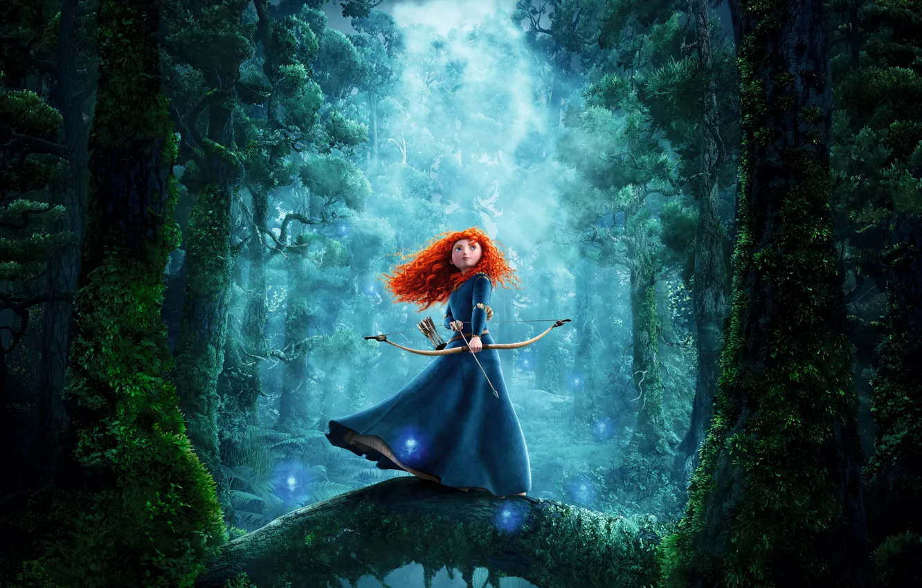 Фото обои лес, девушка, лук, стрела, рыжая, brave, merida