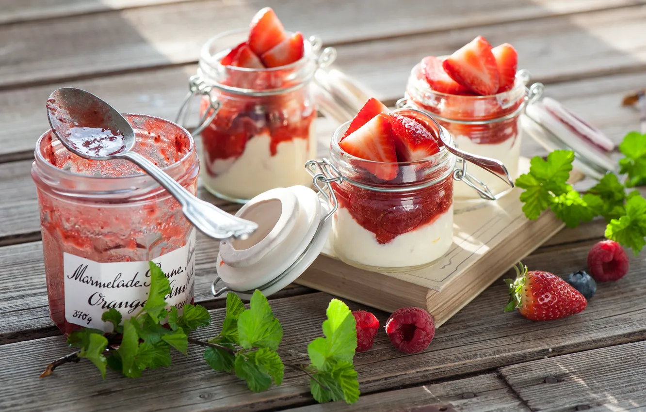 Фото обои ягоды, клубника, десерт, джем