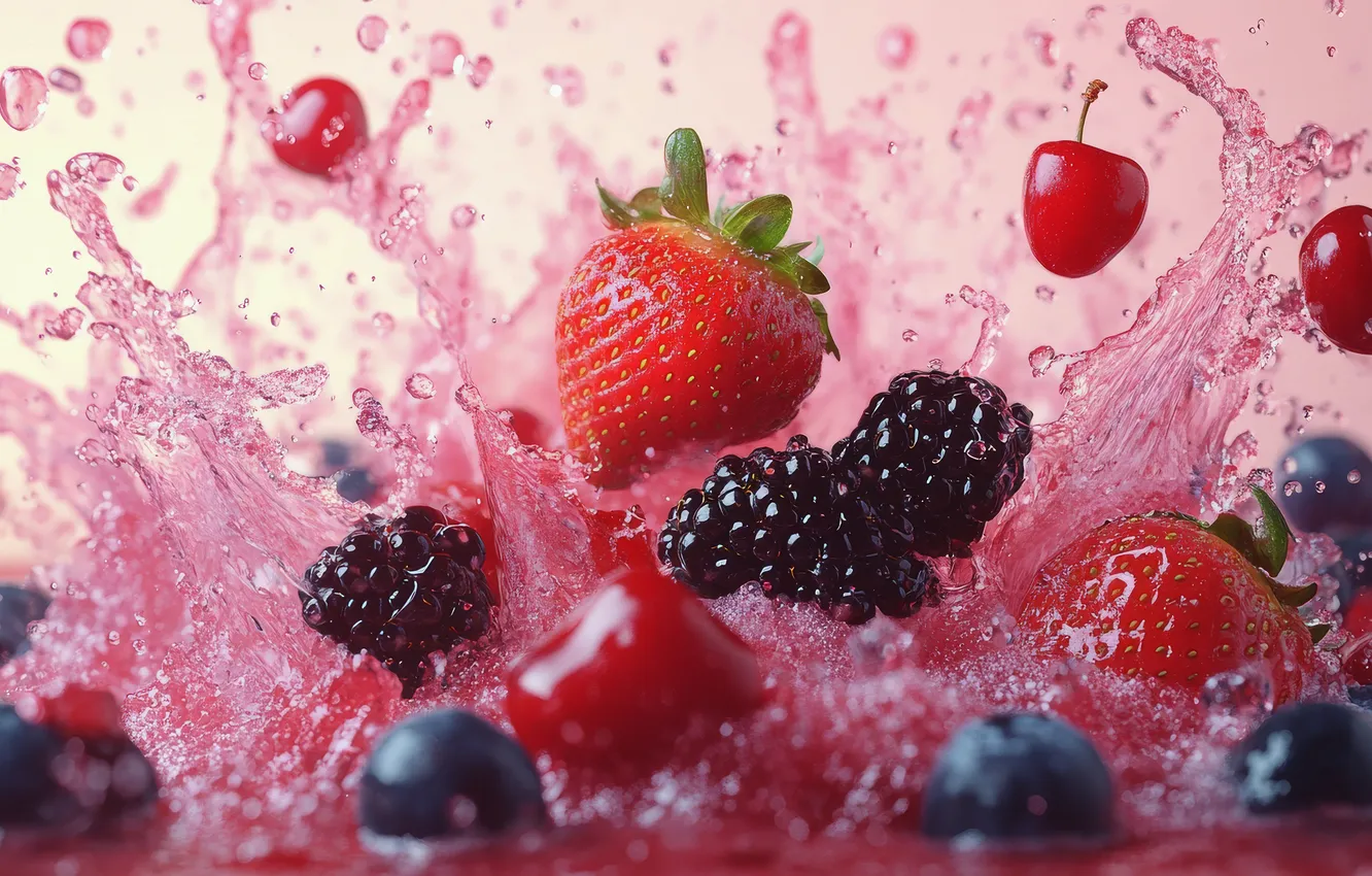 Фото обои вода, брызги, вишня, ягоды, всплеск, черника, клубника, розовый фон