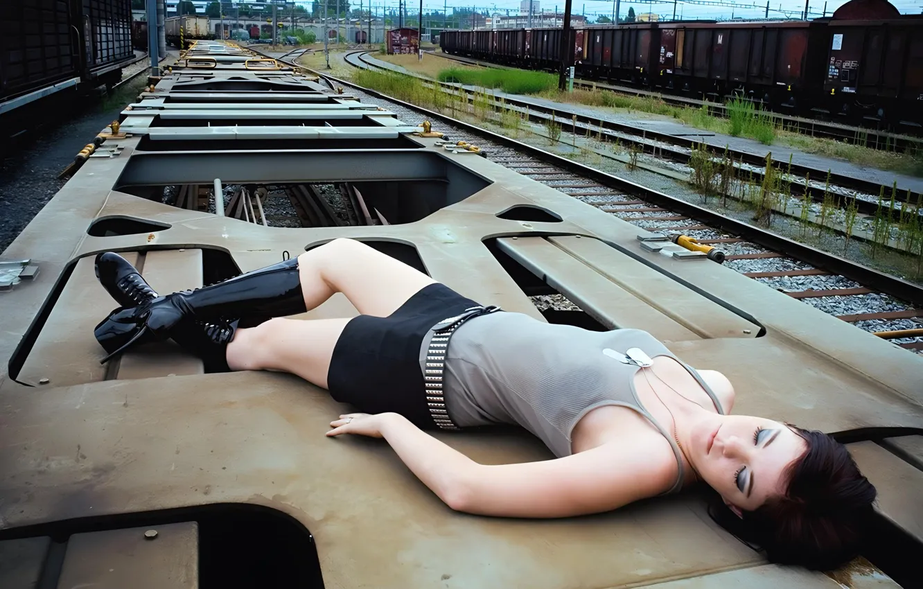 Фото обои girl, sexy, cleavage, dress, legs, mini, beautiful, railway