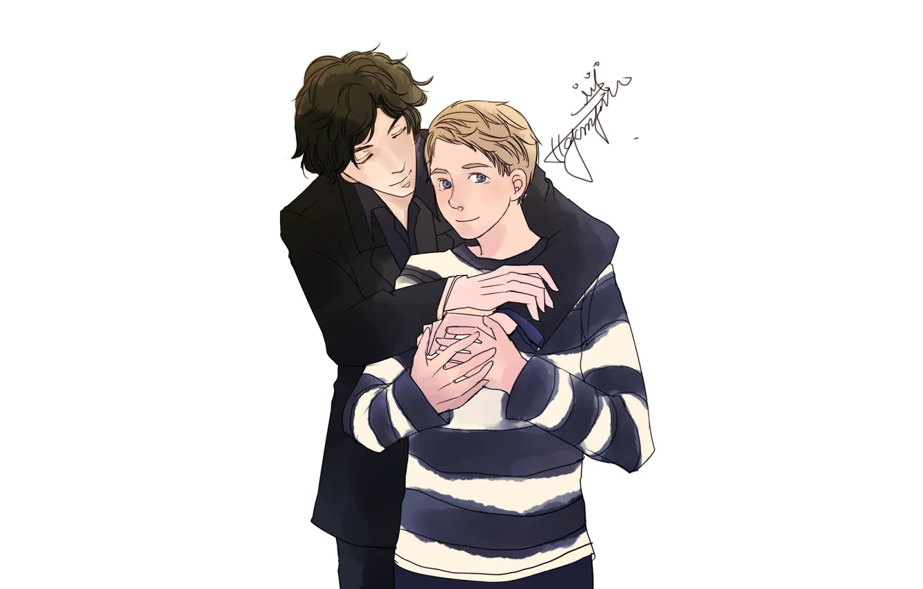 Фото обои романтика, арт, объятия, сериал, Шерлок Холмс, John Watson, Sherlock BBC, Dr. John Watson