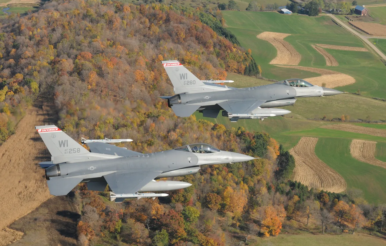 Фото обои небо, Висконсин, США, полёт, Falcons, Fighting, самолёты, F-16C