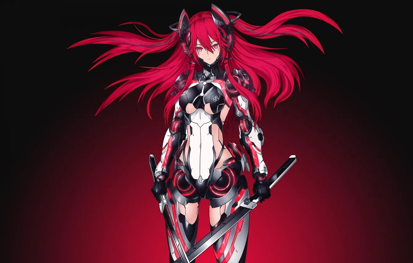 Фото обои girl, fantasy, armor, red hair, weapon, Warrior, red eyes, digital art