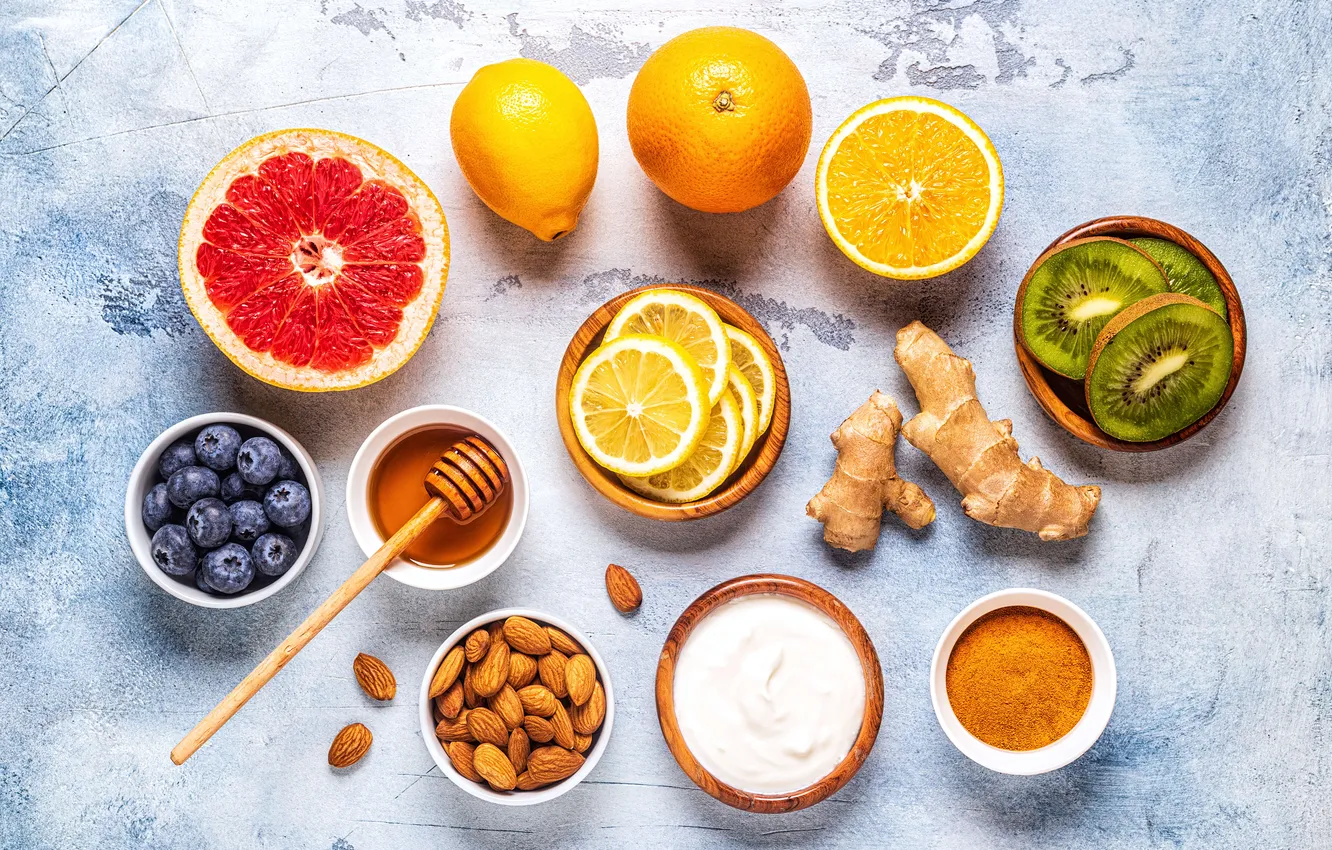 Фото обои honey, food, fruit, grapefruit, ginger, healthy, health, immune