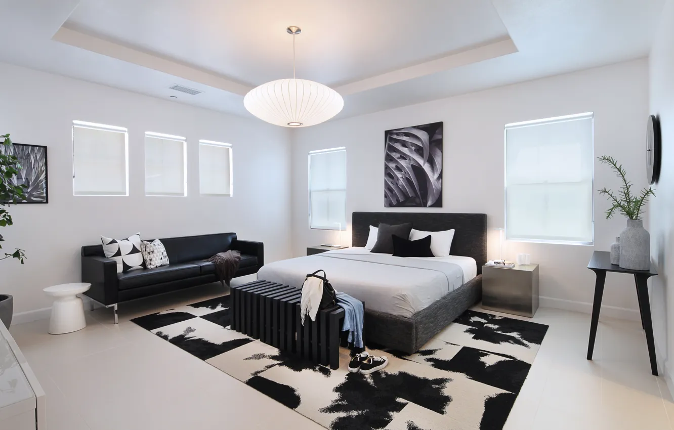 Фото обои дизайн, стиль, диван, белое, кровать, черное, Design, Interior