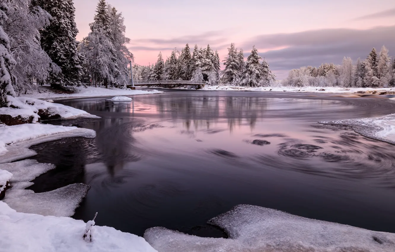 Фото обои зима, лес, снег, деревья, пейзаж, мост, природа, река