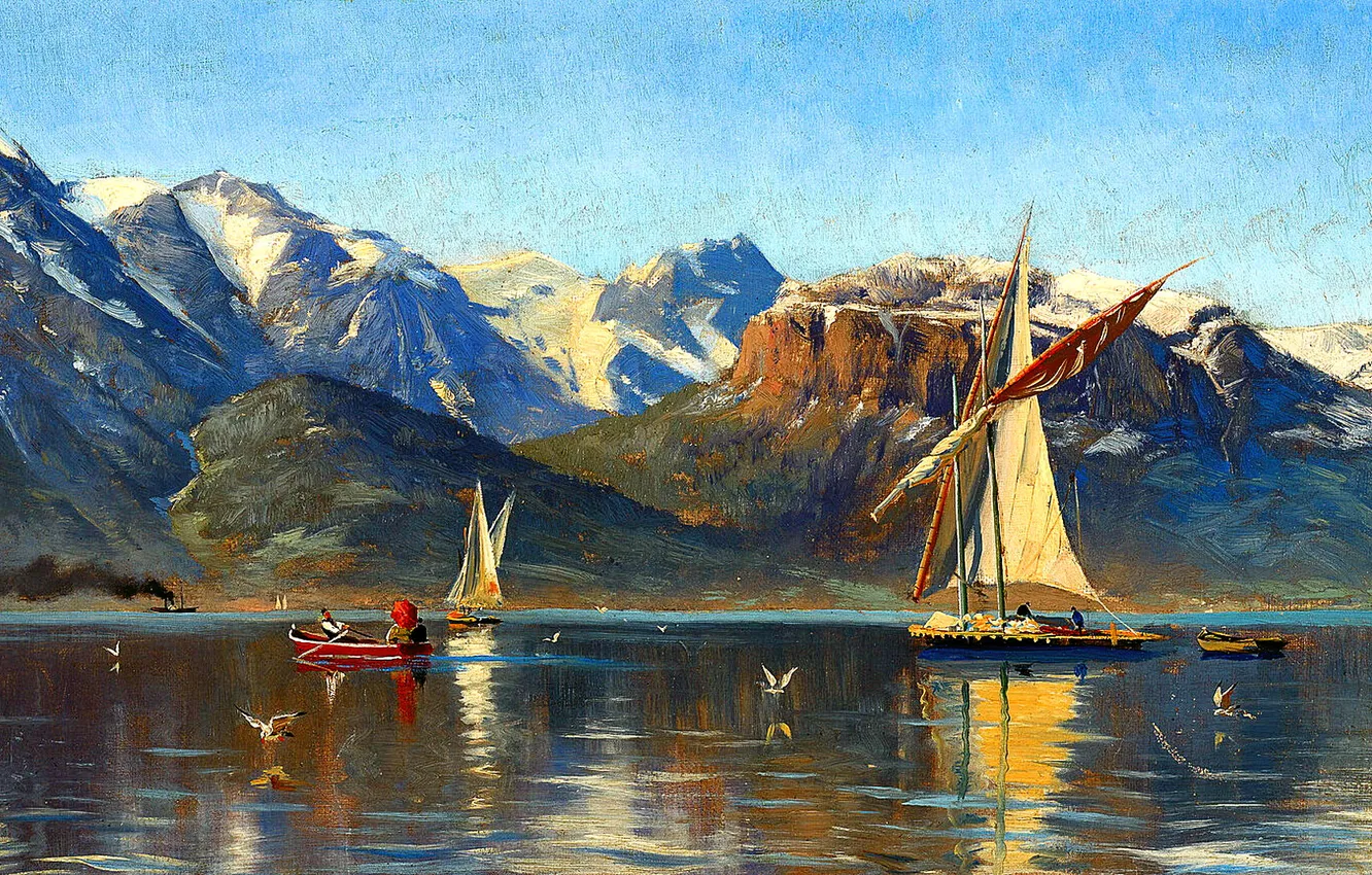 Фото обои Горы, Картина, Корабли, Peder Mork Monsted, Парусные, Петер Мёрк Мёнстед, Peder Mørk Mønsted, Датский живописец