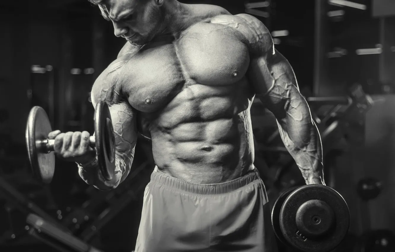 Фото обои muscle, мышцы, man, пресс, pose, гантели, gym, бодибилдер