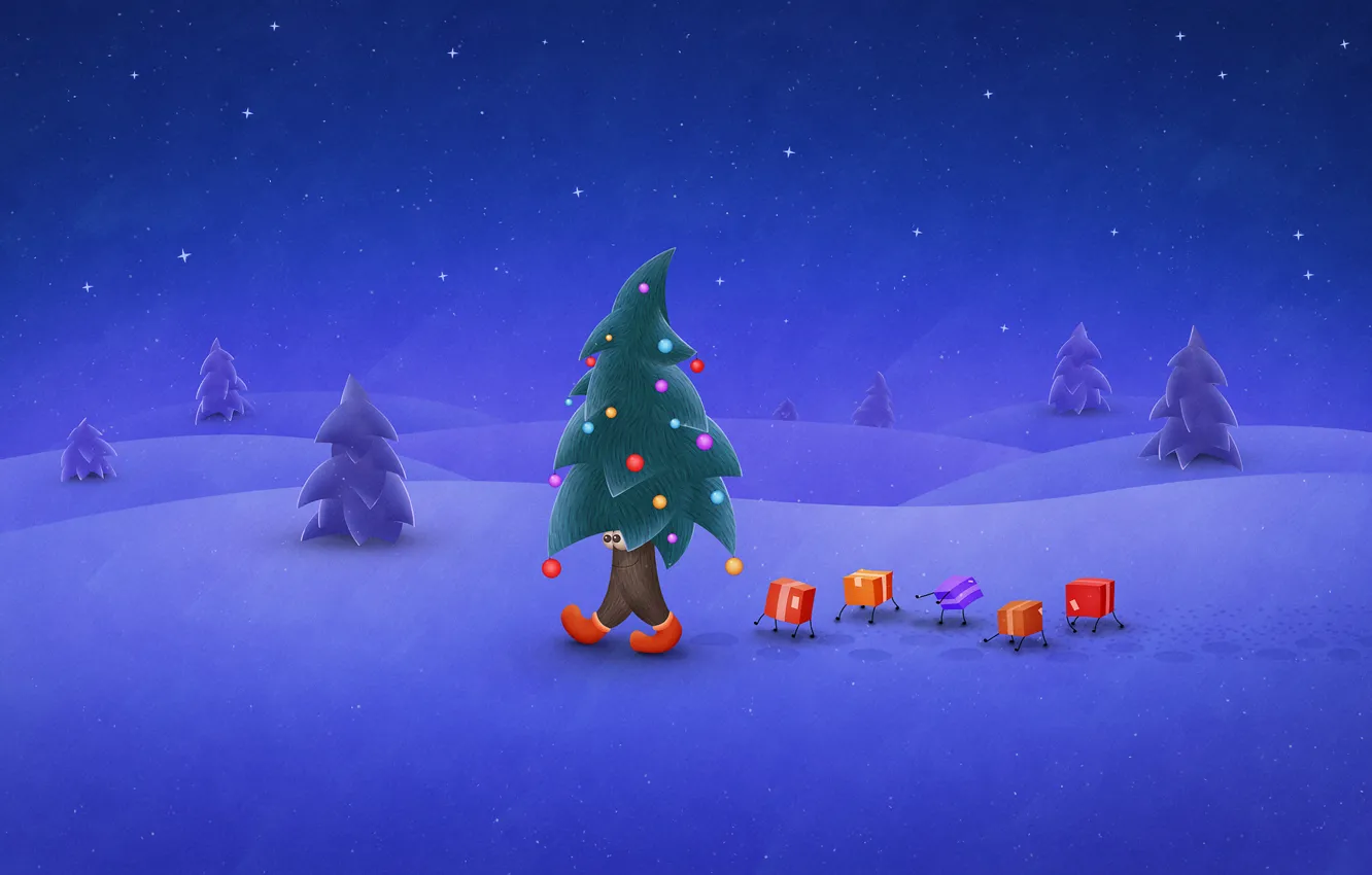 Фото обои зима, снег, ночь, праздник, елка, подарки