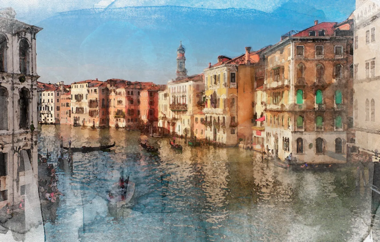 Фото обои вода, краски, лодки, Венеция, живопись, гондолы, Акварель