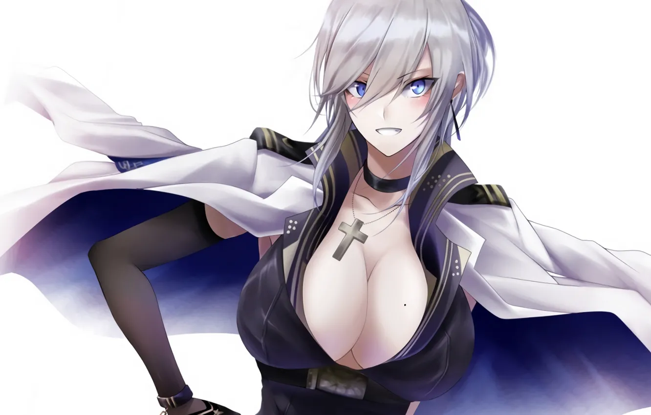 Фото обои girl, sexy, cleavage, blouse, boobs, anime, blue eyes, beautiful