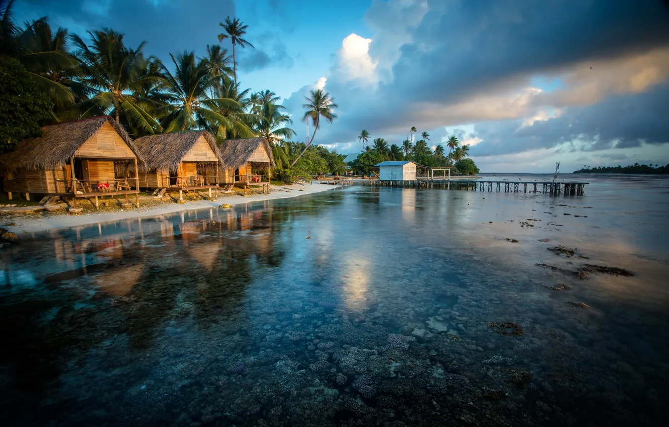 Фото обои вода, город, тропики, фото, побережье, бунгало, Французская Полинезия