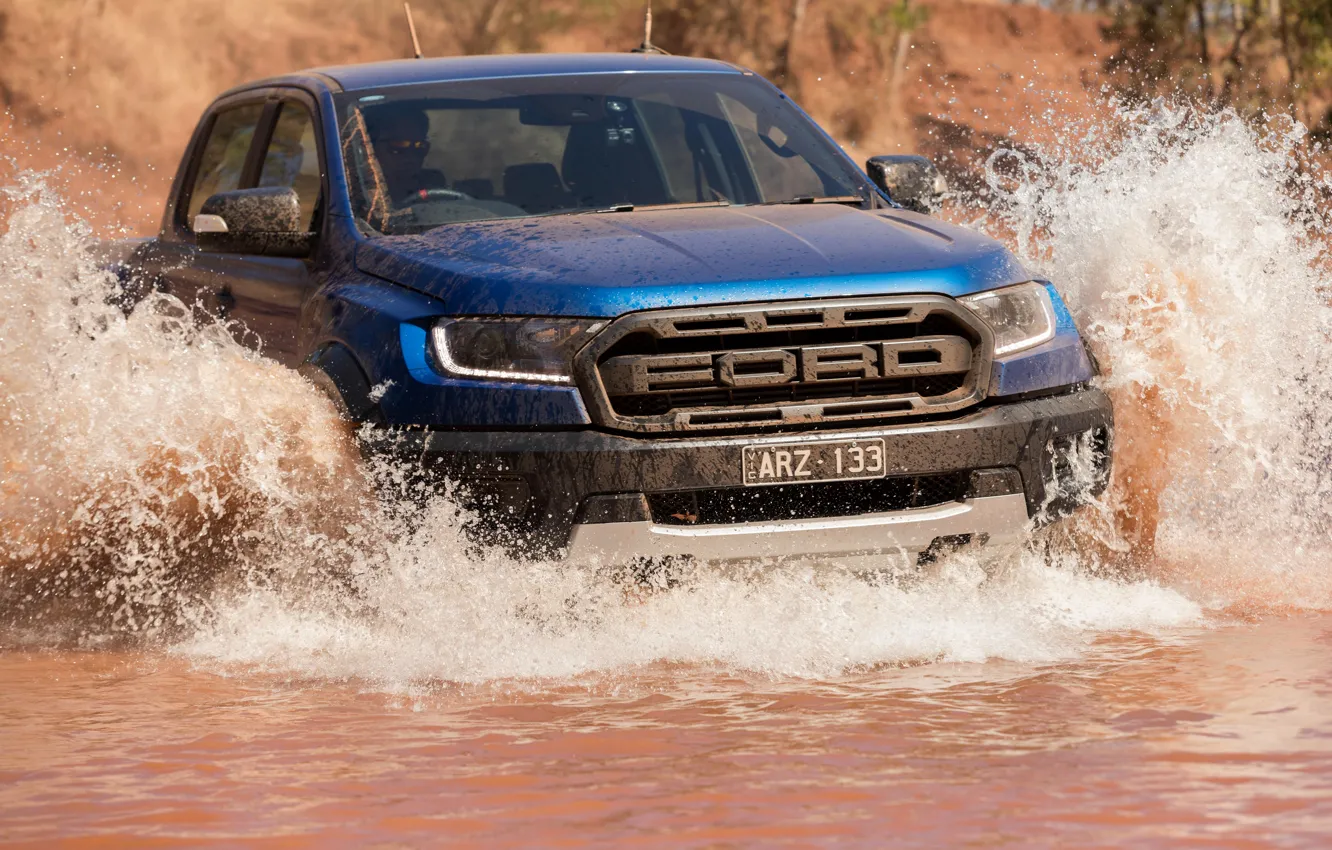 Фото обои вода, брызги, синий, Ford, Raptor, пикап, 2018, Ranger