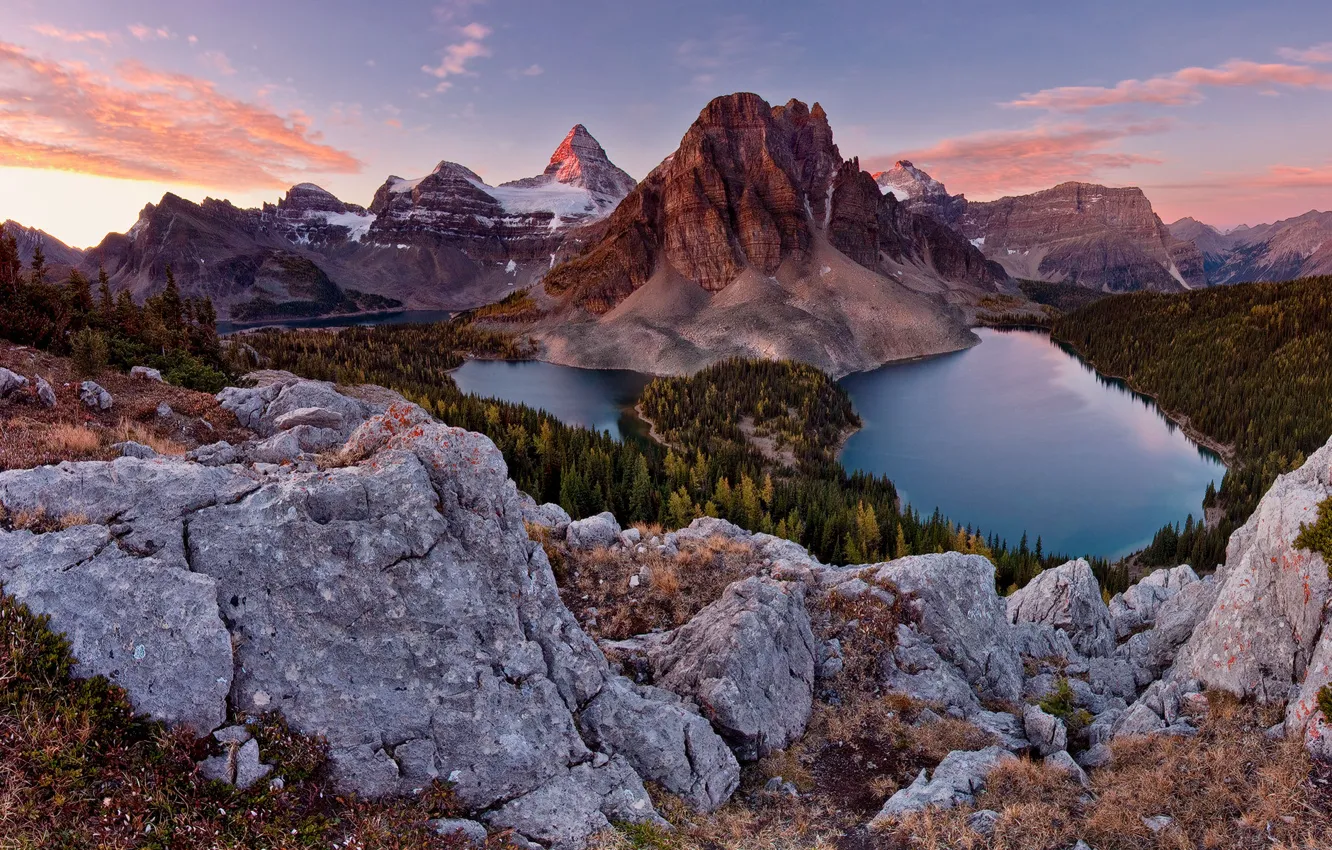 Фото обои лес, небо, горы, камни, озера, Canada, альпы, Sunburst peak