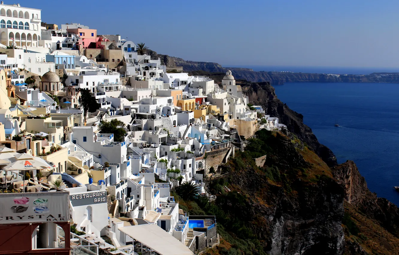 Фото обои море, скалы, побережье, дома, Греция, залив, Santorini