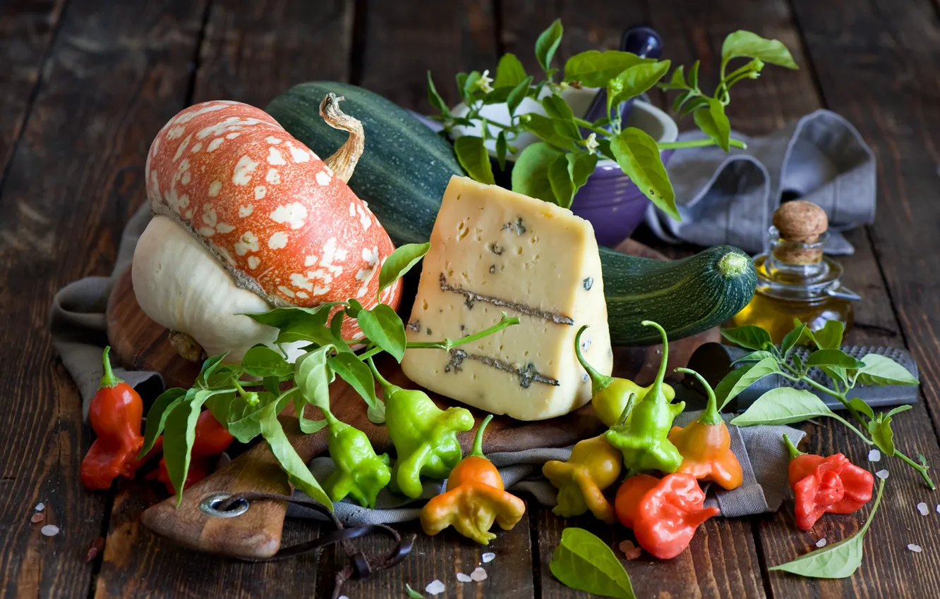 Фото обои зелень, сыр, тыква, перец, натюрморт, овощи