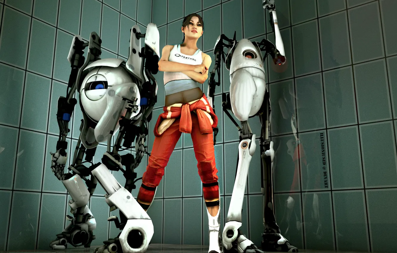 Фото обои девушка, роботы, Portal, Атлас, chell, Пи-боди