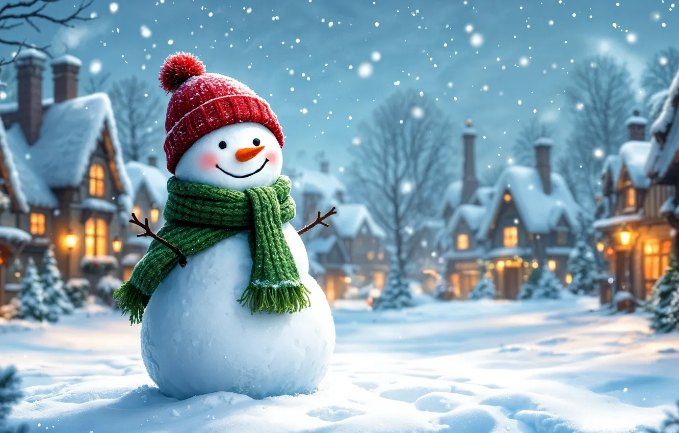 Фото обои зима, снег, украшения, Рождество, Новый год, снеговик, Christmas, winter
