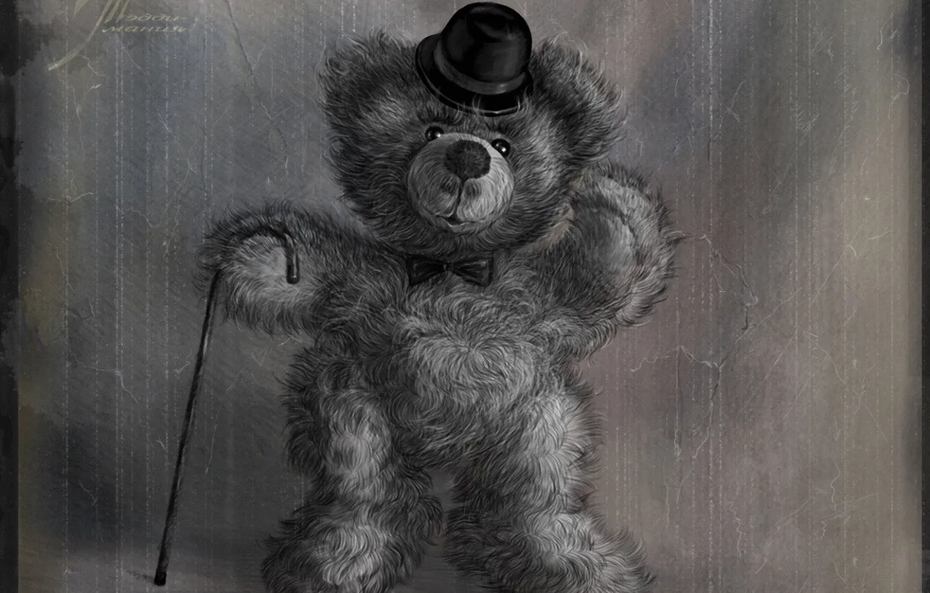 Фото обои шляпа, медведь, трость, 156, Тедди, старое фото