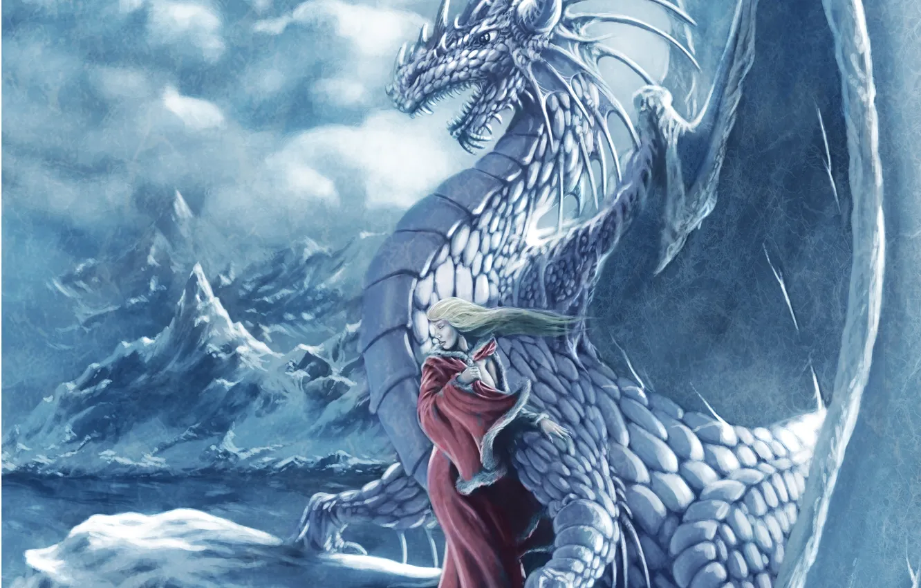 Фото обои холод, лед, зима, взгляд, девушка, снег, фантастика, дракон