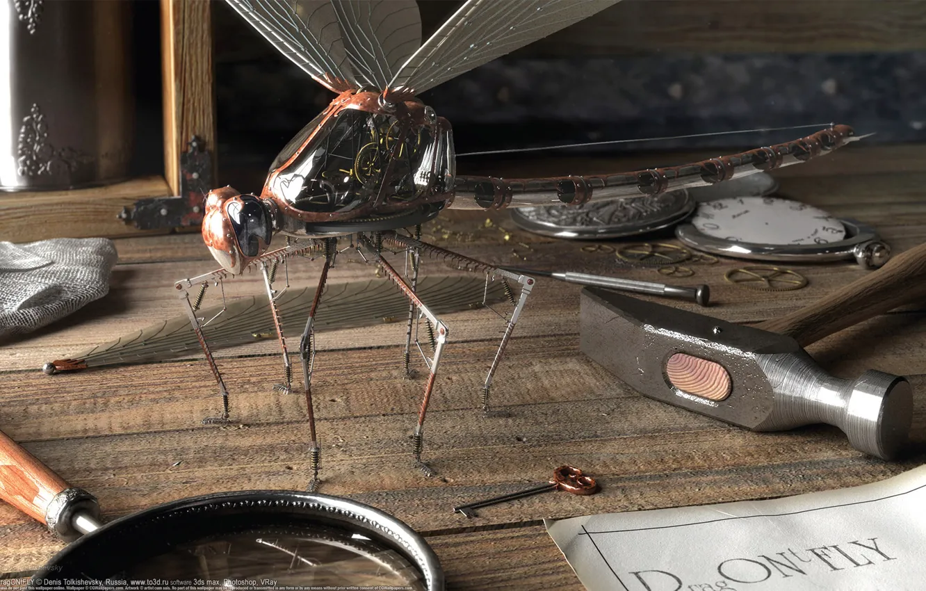 Фото обои стол, стрекоза, ключ, молоток, лупа, Denis Tolkishevsky, механизмы