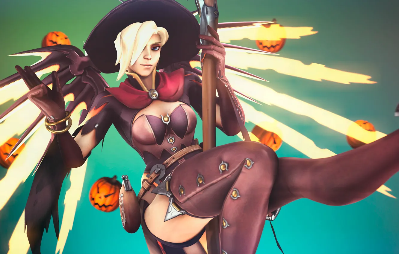 Фото обои девушка, праздник, крылья, шляпа, ведьма, halloween, Overwatch, mercy