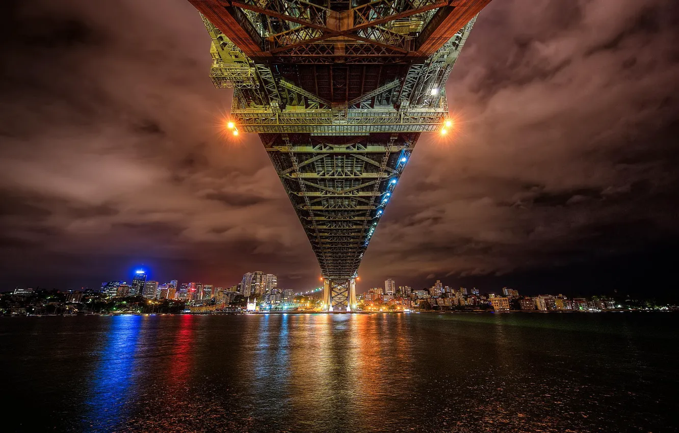 Фото обои ночь, мост, город, огни, под мостом